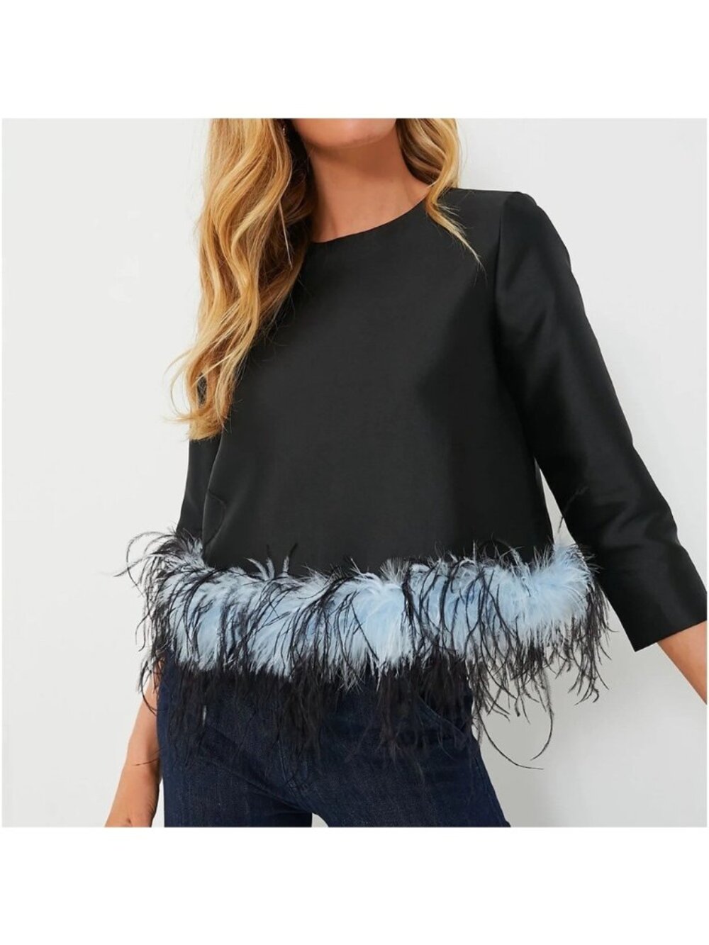 Tuckernuck Black Sabrina Blouse with Blue Feather Trim size S Small NWT $398